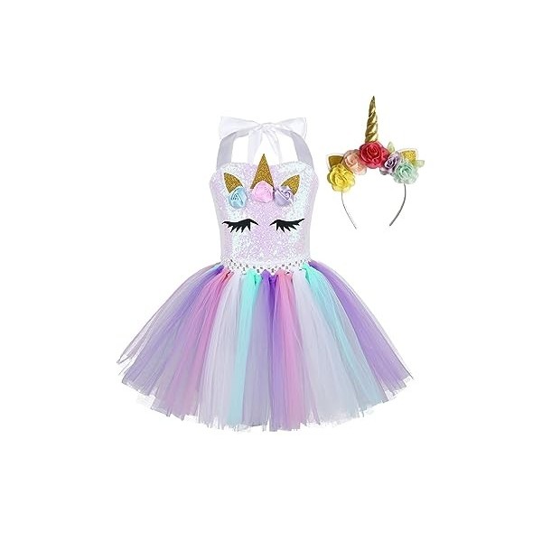 TiaoBug Enfant Fille Princesse Robe Licorne Déguisement Halloween Noël Carnaval Paillettes Robe Soirée Anniversaire et Serre-