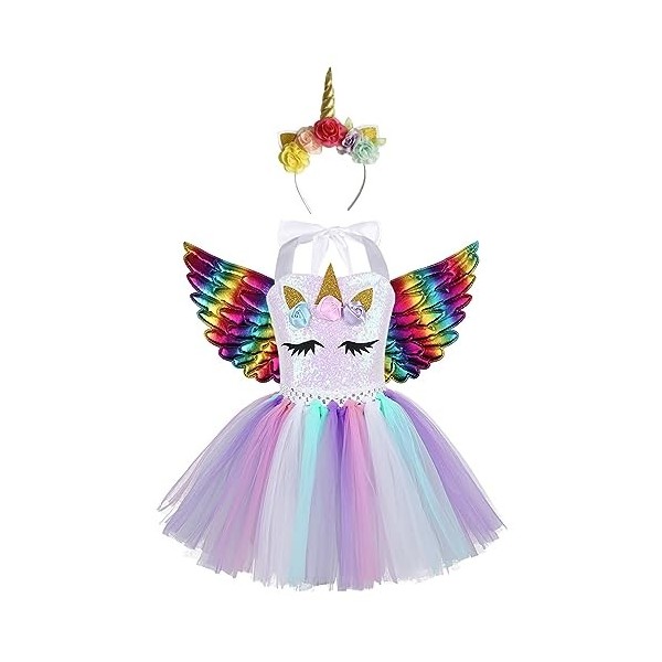 TiaoBug Enfant Fille Princesse Robe Licorne Déguisement Halloween Noël Carnaval Paillettes Robe Soirée Anniversaire et Serre-