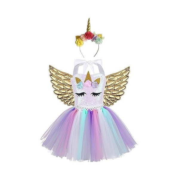 TiaoBug Enfant Fille Princesse Robe Licorne Déguisement Halloween Noël Carnaval Paillettes Robe Soirée Anniversaire et Serre-