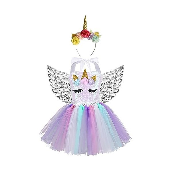 TiaoBug Enfant Fille Princesse Robe Licorne Déguisement Halloween Noël Carnaval Paillettes Robe Soirée Anniversaire et Serre-