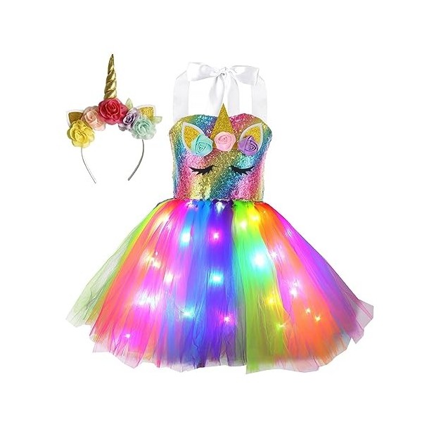 inhzoy Enfant Déguisement de Licorne Princesse Fée pour Fille Tutu Robe avec Lumières Brillant + Bandeau de Licorne Halloween