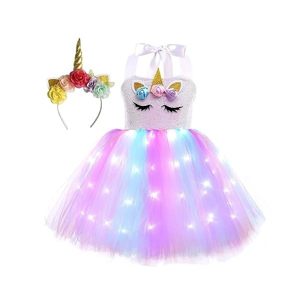 inhzoy Enfant Déguisement de Licorne Princesse Fée pour Fille Tutu Robe avec Lumières Brillant + Bandeau de Licorne Halloween