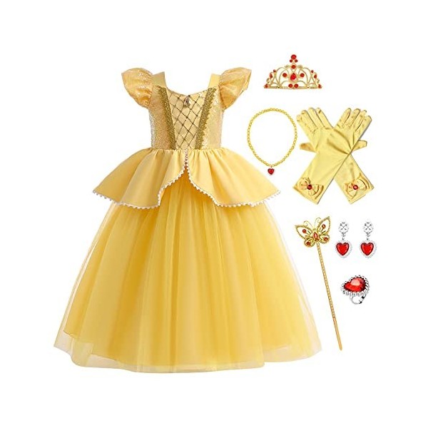 FMYFWY Costume de Carnaval Filles Princesse Robe de Belle Déguisements de la Beauté et la Bête Halloween Noël Robe de Anniver