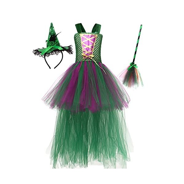 Costume dHalloween pour enfant - Costume de sorcière pour fille - Hocus Pocus Scarlet Witch - Robe en tulle - Balai de sorci
