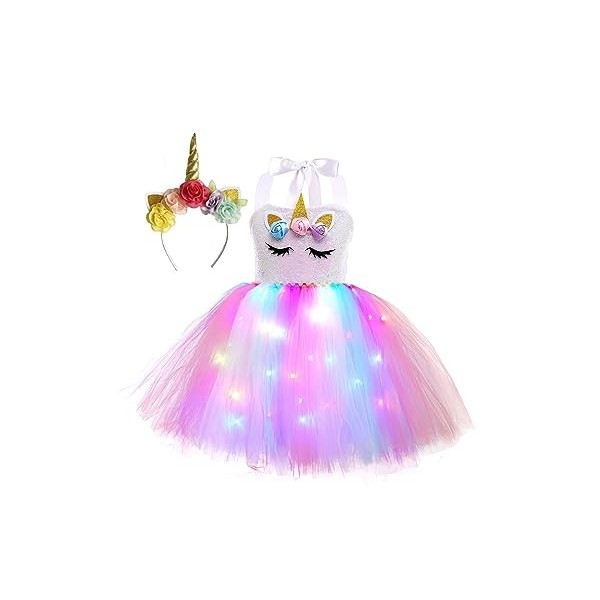 JanJean Robe Tutu De Princesse Licorne Fille Avec Lumière Brillante Deguisement Licorne Costume Carnaval Scène Anniversaire F