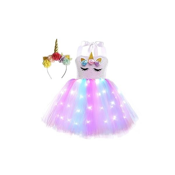 JanJean Robe Tutu De Princesse Licorne Fille Avec Lumière Brillante Deguisement Licorne Costume Carnaval Scène Anniversaire F