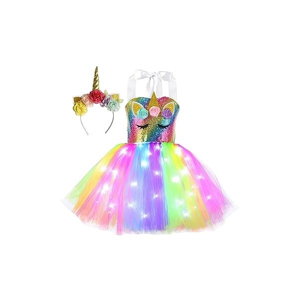 JanJean Robe Tutu De Princesse Licorne Fille Avec Lumière Brillante Deguisement Licorne Costume Carnaval Scène Anniversaire F