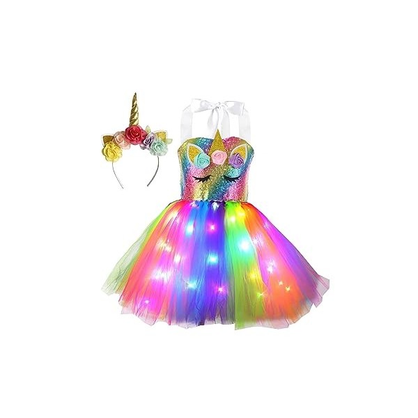 JanJean Robe Tutu De Princesse Licorne Fille Avec Lumière Brillante Deguisement Licorne Costume Carnaval Scène Anniversaire F