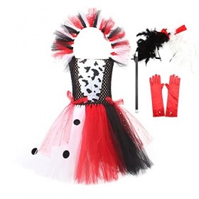 Cruella Deville Costume pour enfant fille Halloween 101 Dalmatiens Cosplay Robe + perruque + gants + barre 5 pièces Cruella D