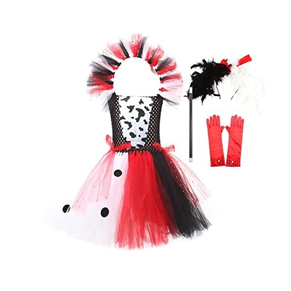 Cruella Deville Costume pour enfant fille Halloween 101 Dalmatiens Cosplay Robe + perruque + gants + barre 5 pièces Cruella D