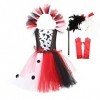 Cruella Deville Costume pour enfant fille Halloween 101 Dalmatiens Cosplay Robe + perruque + gants + barre 5 pièces Cruella D