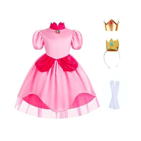 Super Prinzessin Mario Costume Pour Enfant Peach,Robe de Princesse avec Couronne Manche Courte Dress Costume Filles Halloween