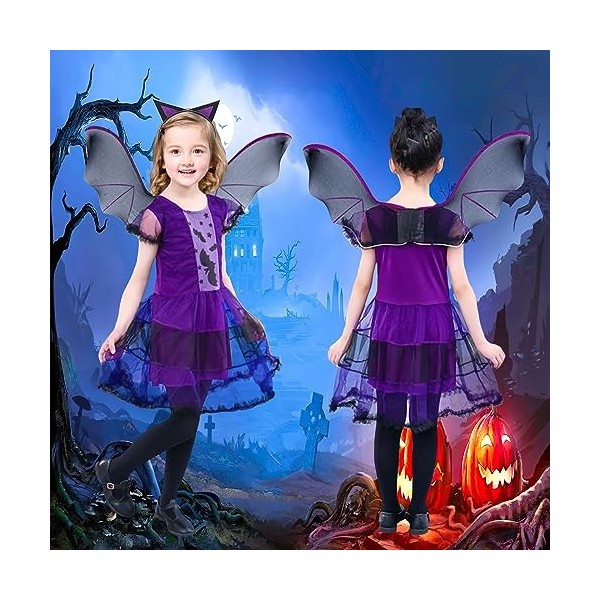 ATOWORLD Costume de chauve-souris pour fille - 134-146 - Avec ailes de chauve-souris - Tutu - Masque - Sac à main - Serre-têt