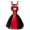 IMEKIS Enfants Maléfique Costume Fille Princesse Fantaisie Reine du Mal Shabiller Avec Bandeau Corne Méchante Sorcière Robe 