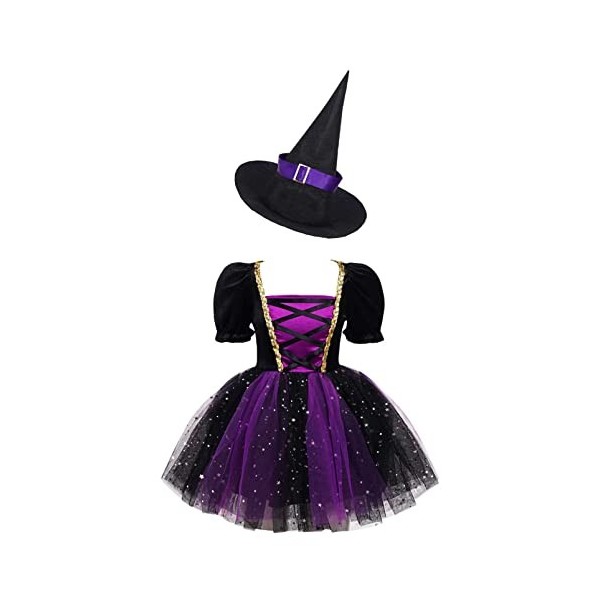Aislor Déguisement de Sorcière Bébé Fille Robe de Sorcière avec Chapeau de Sorcière Enfant Tenue Costume Halloween Carnaval F