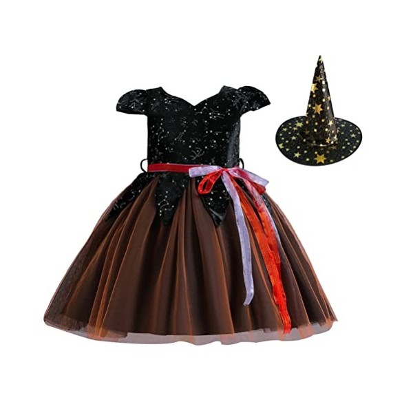 Aislor Déguisement de Sorcière Bébé Fille Robe de Sorcière avec Chapeau de Sorcière Enfant Tenue Costume Halloween Carnaval F