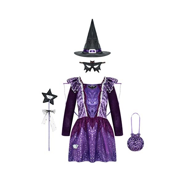 Jowowha Enfant Fille Déguisement Sorciere Halloween Fête Robe Tutu de Sorciere Asymétrique Cosplay Petite Sorcière Fée Magici