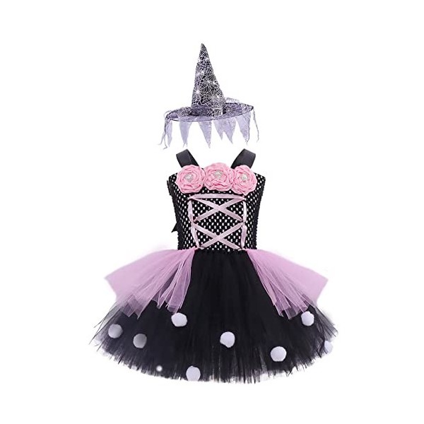 Jowowha Enfant Fille Déguisement Sorciere Halloween Fête Robe Tutu de Sorciere Asymétrique Cosplay Petite Sorcière Fée Magici