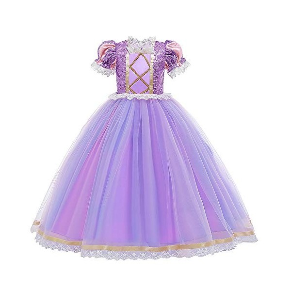 IMEKIS Robe de princesse Raiponce,Manches bouffantes,Paillettes,Dentelle,Tutu,Fleur brodée,Halloween,Carnaval,Cosplay,Costume