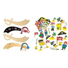 Baker Ross Lot de 4 Sabres de Pirate en Bois pour enfants à personnaliser & Lot de 96 Autocollants Pirates en Mousse - Idéal 