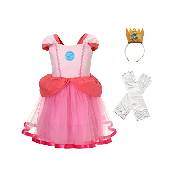 Lito Angels Deguisement Robe Princesse Peach pour Enfant Fille avec Couronne et Gants Taille 6-7 ans, Rose Chaud étiquette e