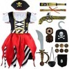 PLULON 16 Pcs Filles Pirate Costume avec Pirate Accessoires Buccaneer Robe Chapeau Eyepatch Boussole Main Crochet Télescope B