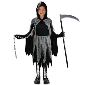 Faburo Costume de faucheuse pour fille - Costume dHalloween pour enfant - Costume de faucheuse avec robe à capuche - Chaîne 