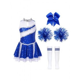 TiaoBug Costume Pom-pom Girl Enfant Fille Déguisement Cheerleaders Cospaly Halloween Carnaval Paillettes Robe Dance Gymnastiq