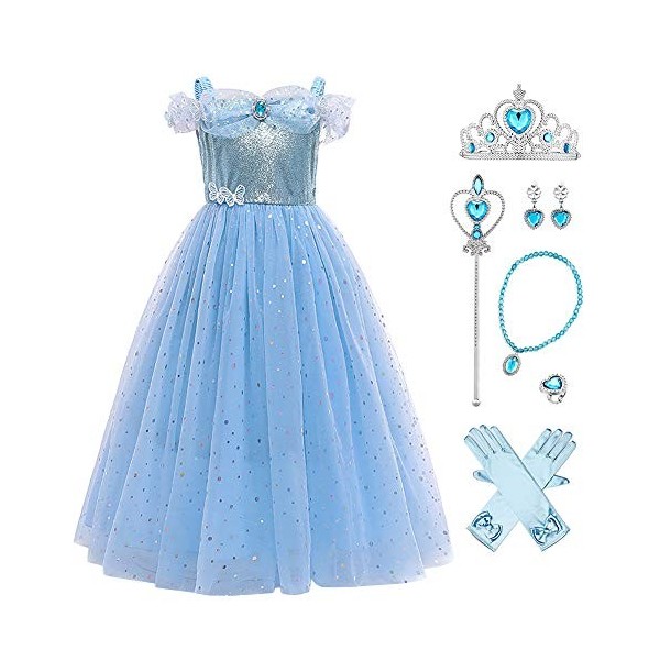 OBEEII Déguisement Cendrillon Enfant Fille Robe de Princesse Cinderella Costume Cosplay Conte de Fée Robe de Soirée Halloween