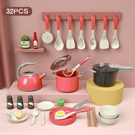 Camidy 32Pcs Kitchen Toy Accessories, Toddler Pretend Cooking Playset with Play Pots, Pans, Utensils Cookware Toys, Cutting P