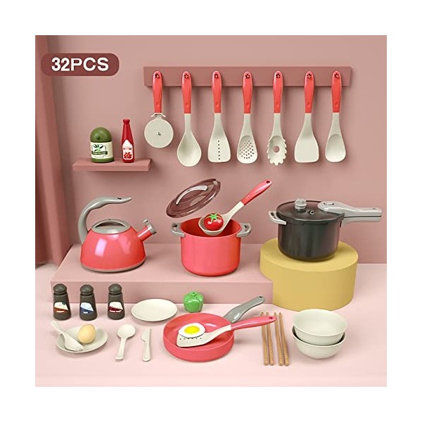 Camidy 32Pcs Kitchen Toy Accessories, Toddler Pretend Cooking Playset with Play Pots, Pans, Utensils Cookware Toys, Cutting P