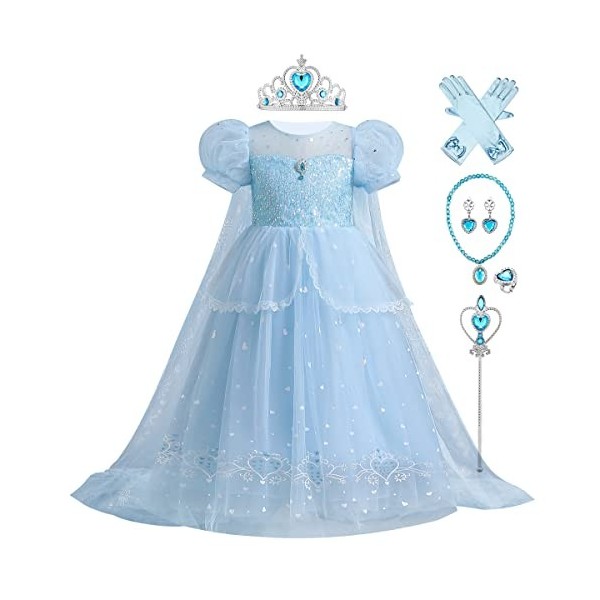 Robe Princesse Fille Elsa Déguisement avec Couronne Princesse Collier Ensemble Jupe Tulle Longue Robe Elsa Reine des Neiges p