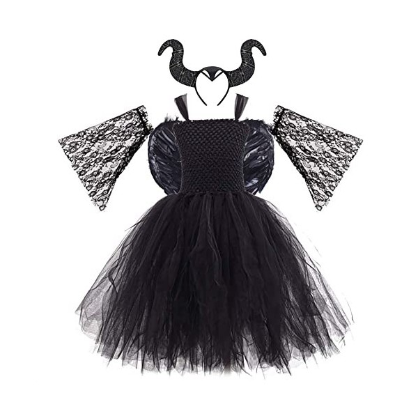 IBAKOM Enfants Filles Costume Sorcière Cosplay Halloween Carnaval Déguisements Corne Bandeau Plume Ailes Tenues Ensemble noir