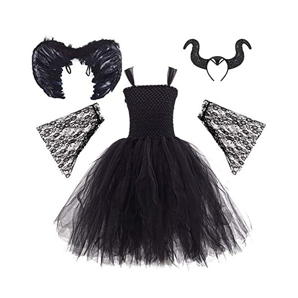 Costume dHalloween pour enfant fille Maléfique diable Costume de sorcière Princesse Tricoté Robe de fête Ailes dange Cornes