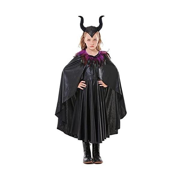 Costume dHalloween pour enfant fille Maléfique diable Costume de sorcière Princesse Tricoté Robe de fête Ailes dange Cornes