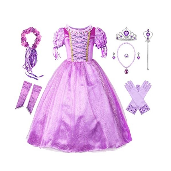 Eleasica Enfant Fille Maxi Robe de Cosplay Princesse Raiponce Tutu Guirlande Manches Courtes Haute Qualité Déguisements Viole