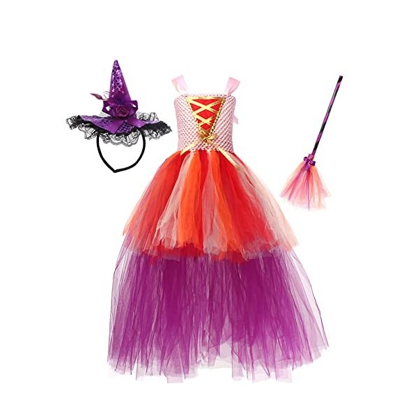 Odizli Costume dHalloween pour enfant - Costume de sorcière pour fille - Costume de sorcière - Robe en tulle - Balai de sorc