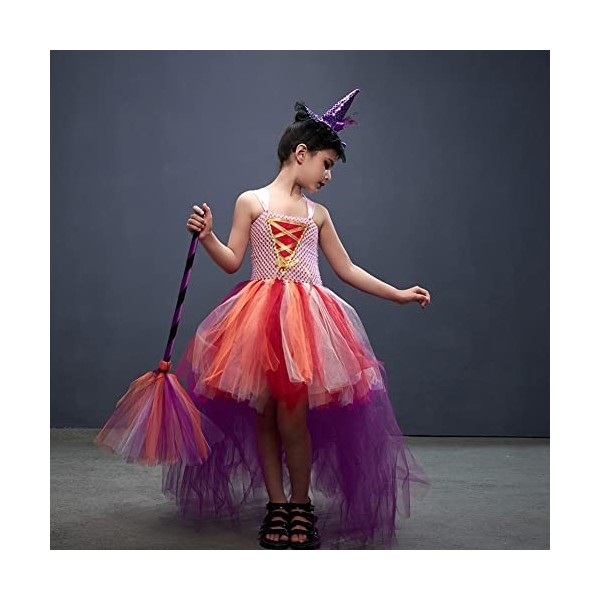 Odizli Costume dHalloween pour enfant - Costume de sorcière pour fille - Costume de sorcière - Robe en tulle - Balai de sorc