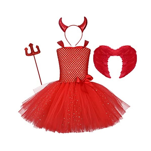 IDOPIP Costume de Diable pour Filles Robe Dange + Bandeau de Cornes de Diable + Fourche de Diable + Ailes de Plumes 4 Pièces