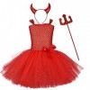 IDOPIP Costume de Diable pour Filles Robe Dange + Bandeau de Cornes de Diable + Fourche de Diable + Ailes de Plumes 4 Pièces