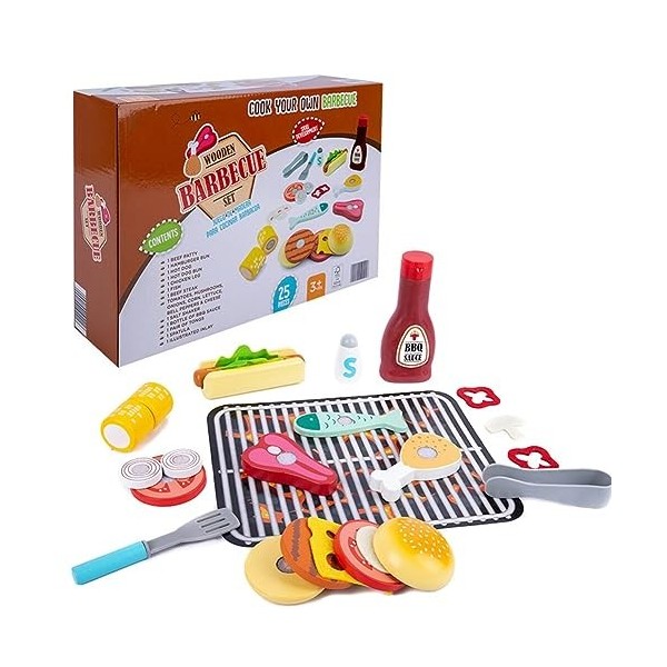 Jouet Cuisine en Bois Enfant, Dînette Enfant Accessoire Jeux de Cuisine, Aliments Cuisine Salade Barbecue Sandwich Jouet à Co