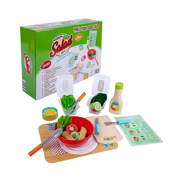 Jouet Cuisine en Bois Enfant, Dînette Enfant Accessoire Jeux de Cuisine, Aliments Cuisine Salade Barbecue Sandwich Jouet à Co