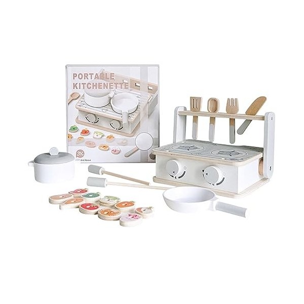 Jouet Cuisine en Bois Enfant, Dînette Enfant Accessoire Jeux de Cuisine, Aliments Cuisine Salade Barbecue Sandwich Jouet à Co