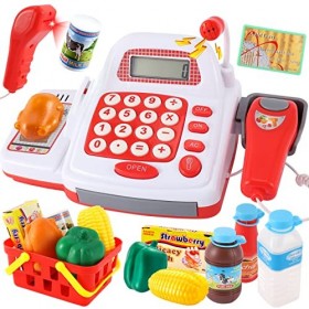 TOEY PLAY 39PCS Caisse Enregistreuse Jouet Enfants avec Scanner, Microphone, Vraie Calculatrice, Son et Lumière, Aliments Jou