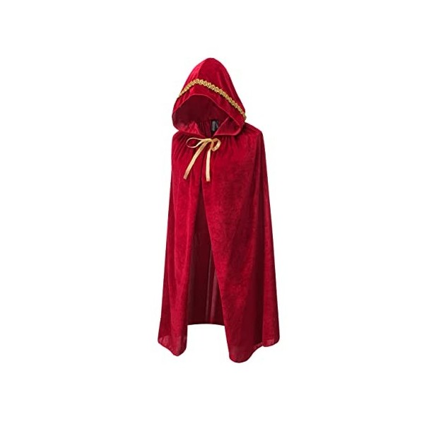 Regenboog Cape en velours bordeaux avec bordure dorée, cape pour femme avec capuche, cape rouge vin et or, costume de Noël, H