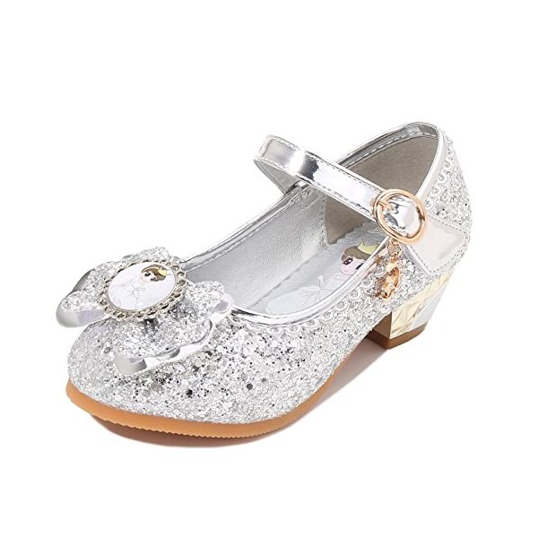 New front Fille Haute Qualité Chaussures de Princesse Reine des Neiges Elsa Anna Talon Haut Paillettes Sandales Violet Argent