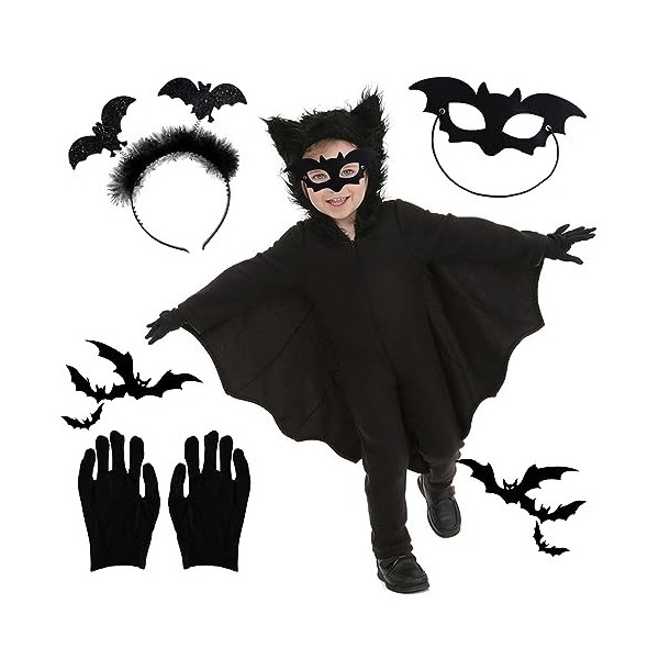 Aohcae Costume de chauve-souris pour enfant - Costume de vampire pour femme + gants + bandeau chauve-souris + masque de chauv