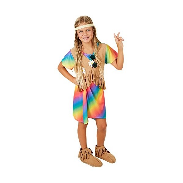 TecTake dressforfun Déguisement pour fille Hippie | Robe en couleurs de l’arc-en-ciel | Gilet élégant en imitation daim | inc