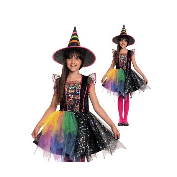 Magicoo Costume de sorcière coloré pour fille - Costume dHalloween - Taille 110 à 140 - Costume de sorcière M 