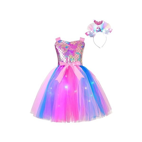 Oyolan Déguisement Sirène Fille Enfant Princesse Robe Lumineuse LED Serre-Tête Bandeau Cosplay Halloween Carnaval Fête Annive